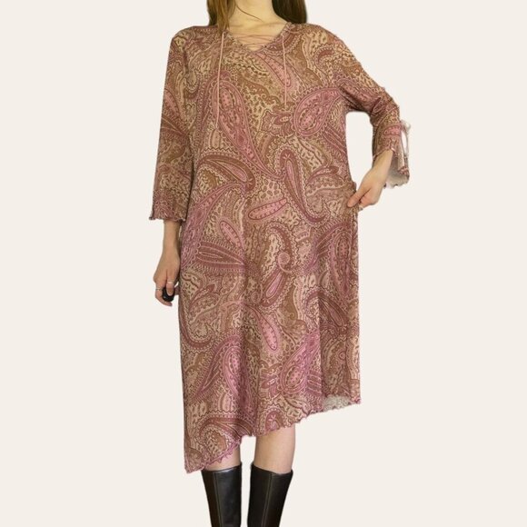 90s vintage boho mesh asymmetric paisley midi dress - Expressions Large - Picture 7 of 8